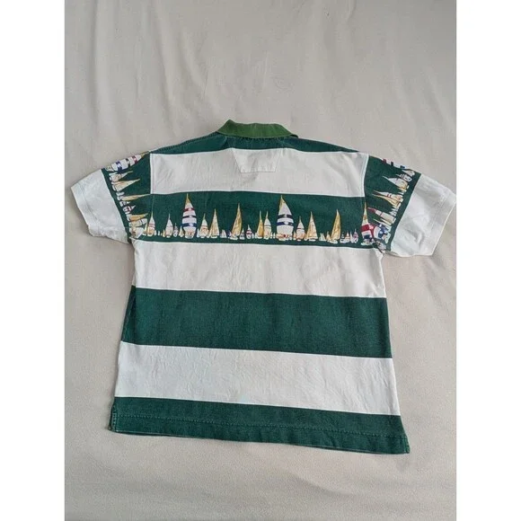 Vintage Nautica Sail Boats Vertical Striped Polo Shirt Green White M - Picture 2 of 9